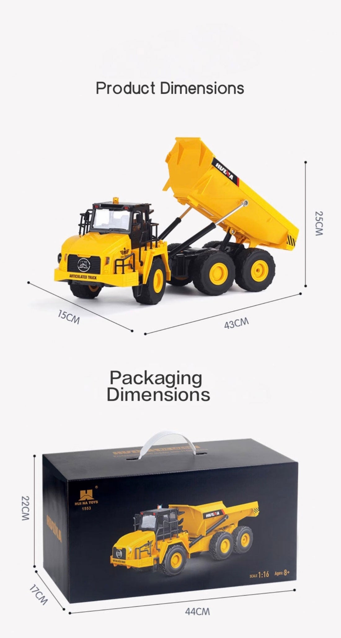 Huina 1553 1:16 2.4Ghz RC Dump Truck RC Construction Toy with LED Lights and Sou