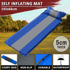 Self Inflating Mattress Sleeping Mat Air Bed Camping Camp Hiking Joinable Pillow - blue