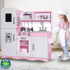 Wooden Kids Kitchen Toys Pretend Play Set Toddler Children Cooking Home Cookware - pink