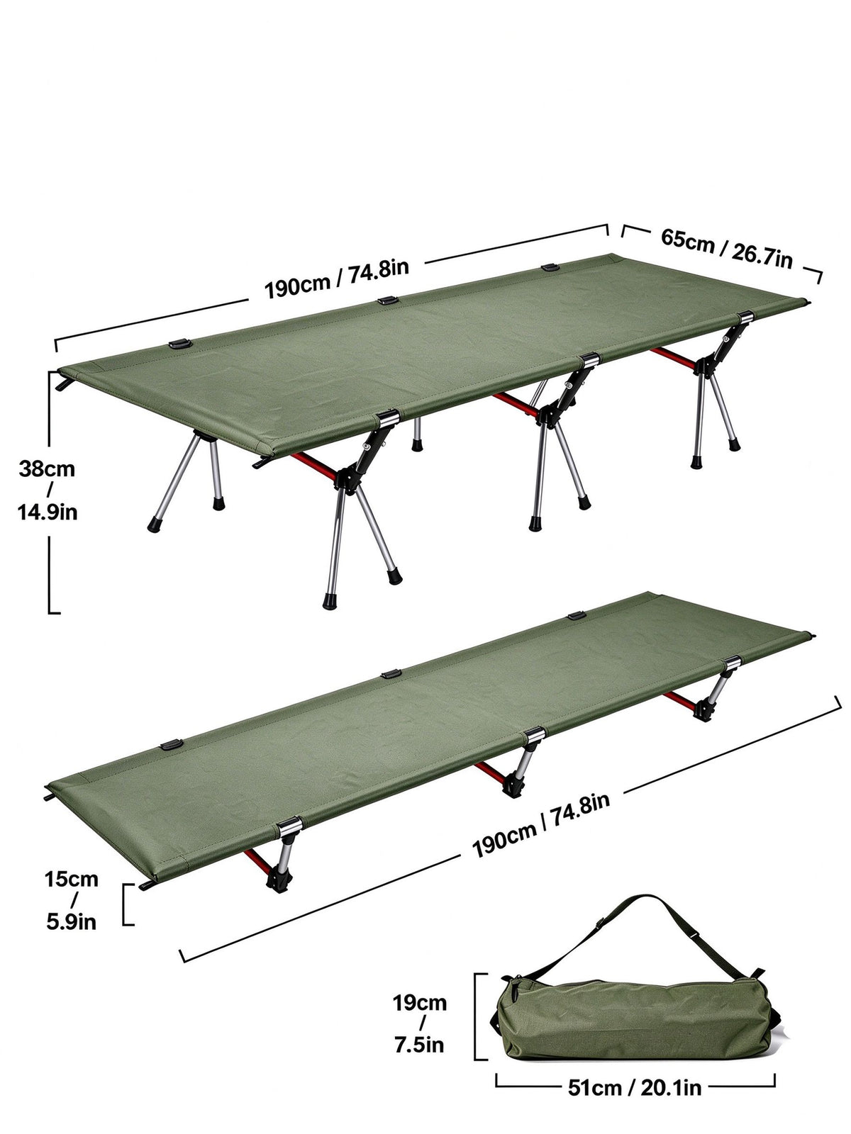 Height Adjustable Foldable Portable Outdoor Folding Camping Bed Stretcher Sleeping Cot Carry Bag Green