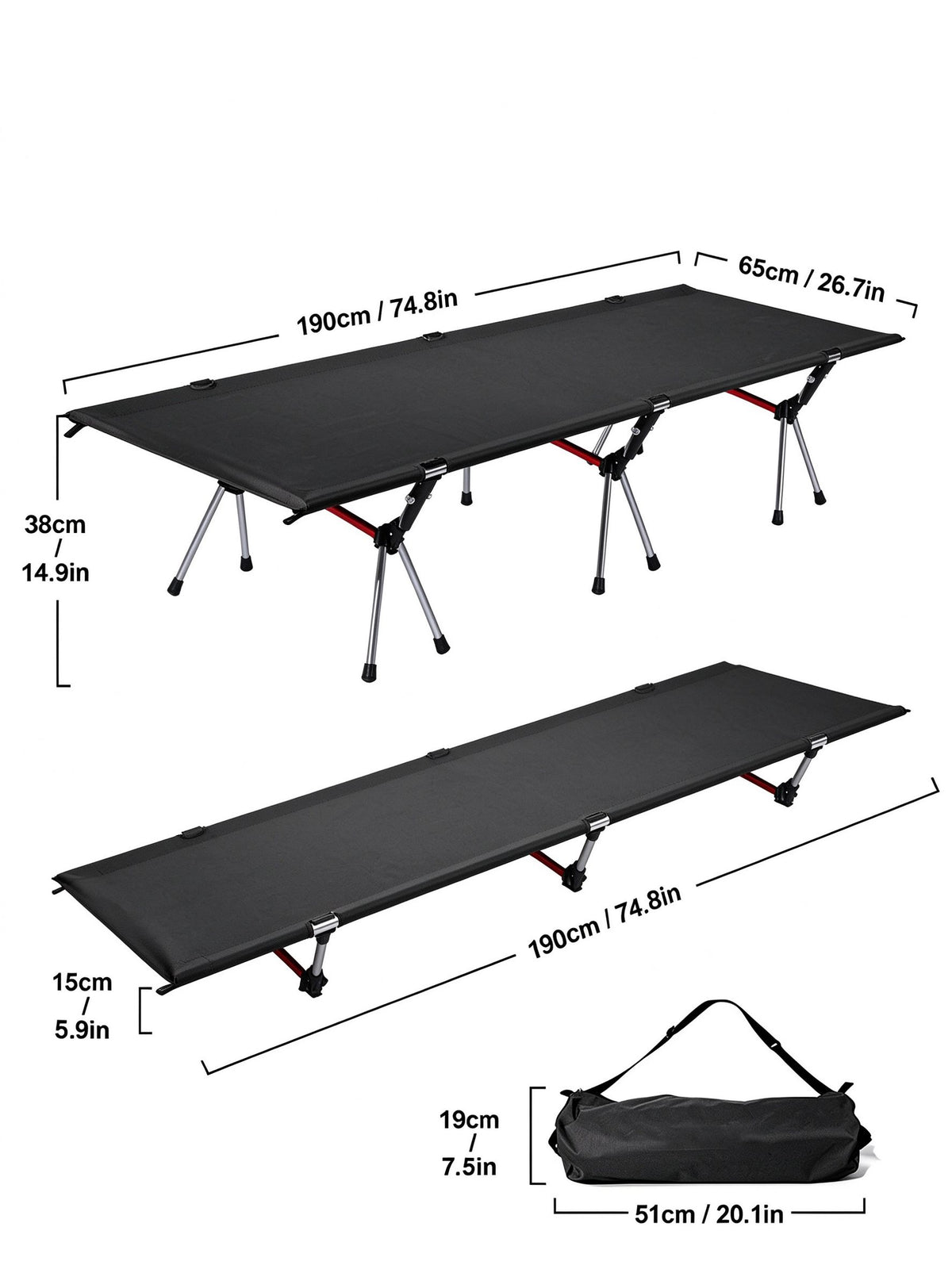 Height Adjustable Foldable Portable Outdoor Folding Camping Bed Stretcher Sleeping Cot Carry Bag Black