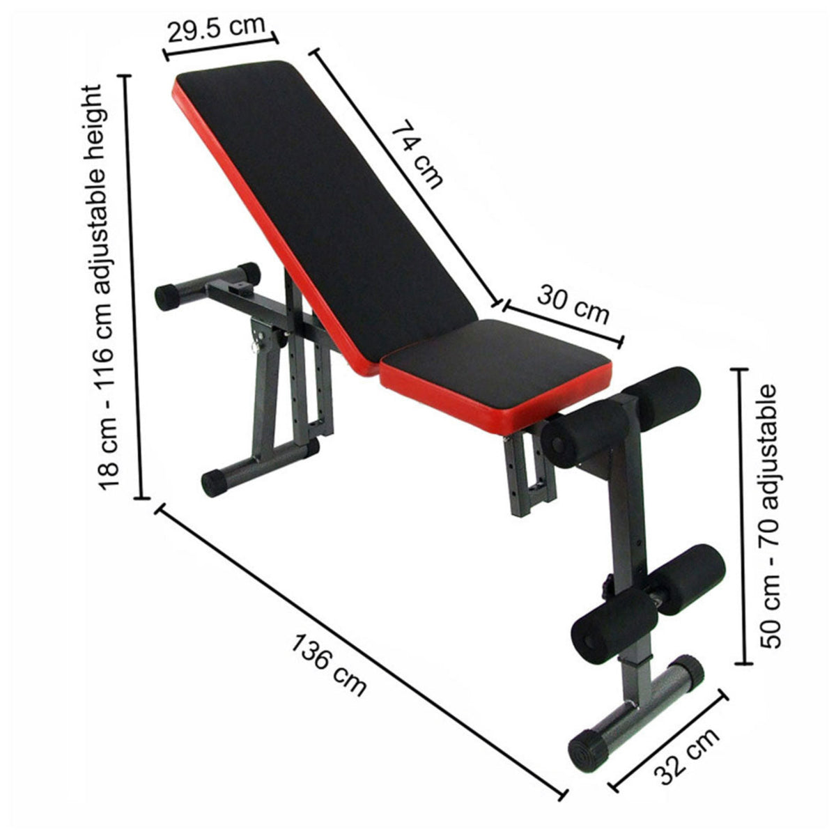 Weight bench with dimensions labeled on a white background