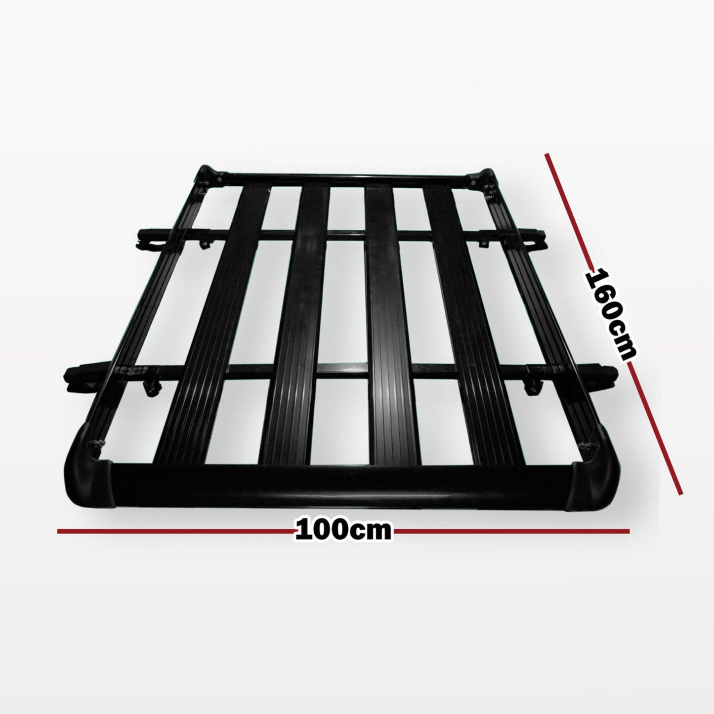 Black car roof rack with measurements on a white background