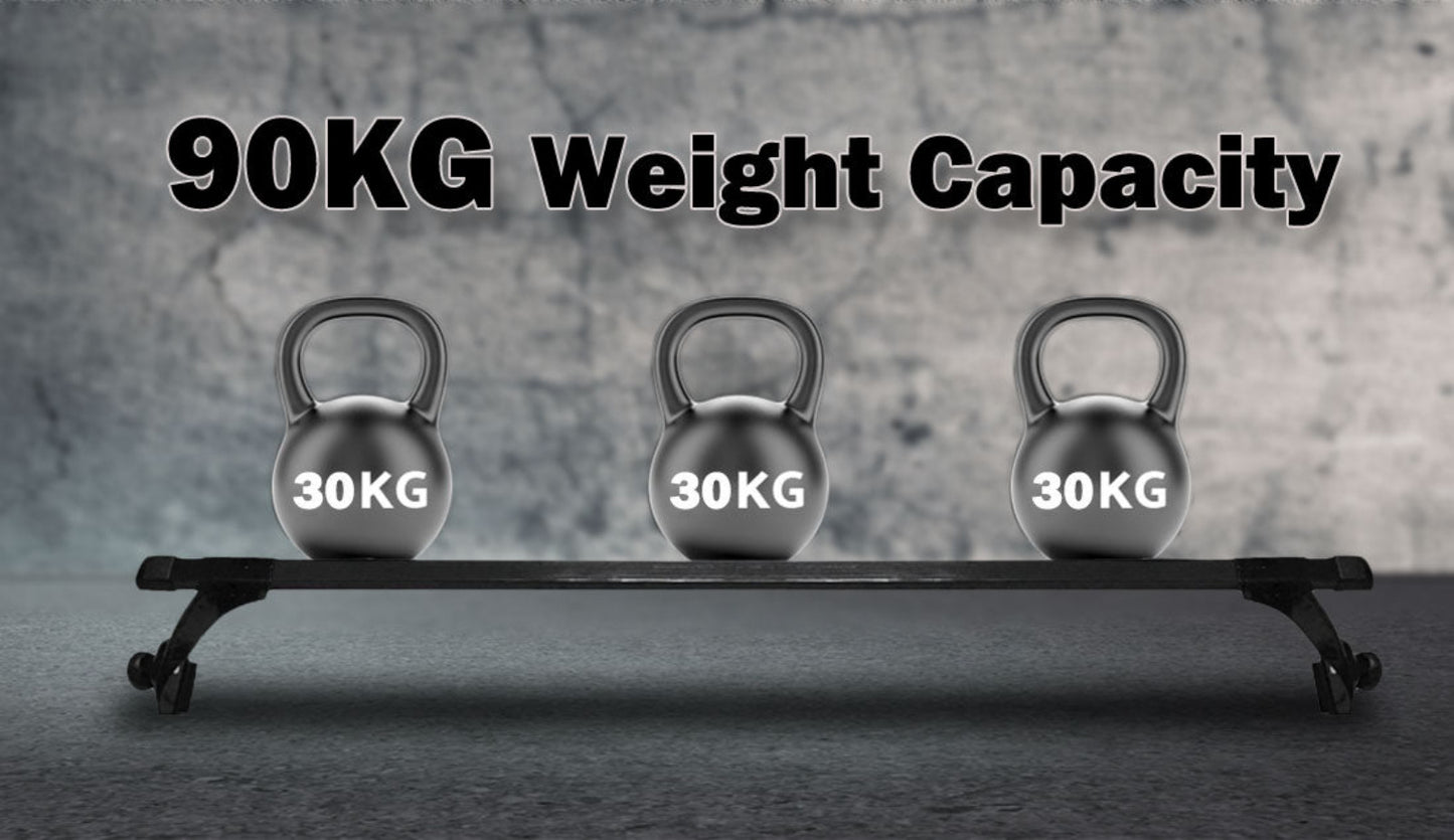 Three 30KG kettlebells on a weight capacity display with '90KG Weight Capacity' text.