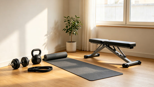 Home gym equipment corner with dumbbells, kettlebell and yoga mat