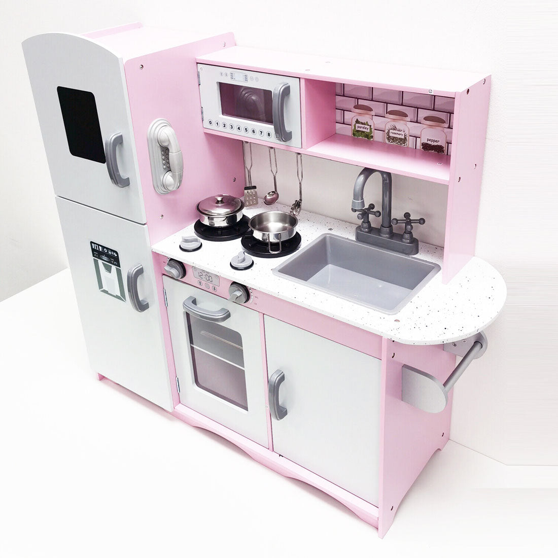 Wooden Kids Kitchen Toys Pretend Play Set Toddler Children Cooking Home Cookware - pink