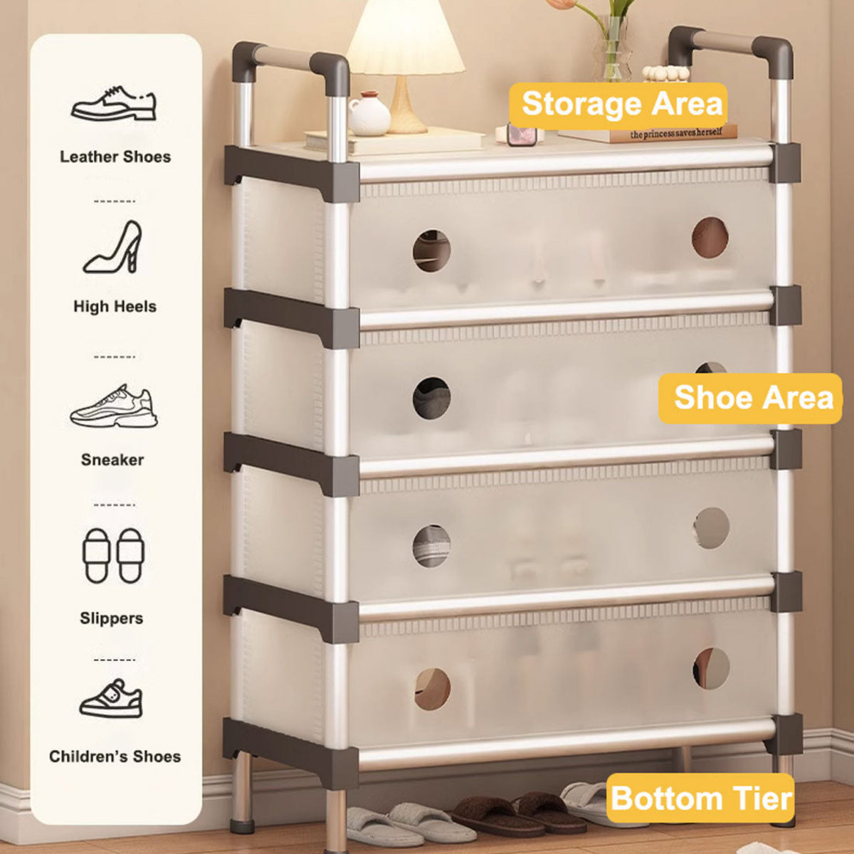 Portable Shoe Rack Stackable Cabinet Organiser Footwear Storage Dustproof Cover Wardrobe White