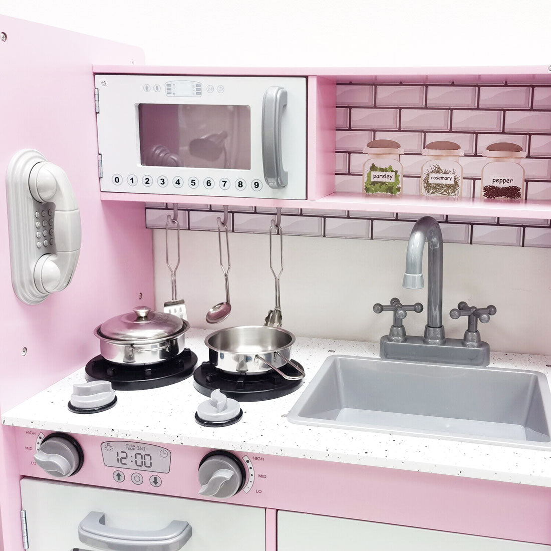 Wooden Kids Kitchen Toys Pretend Play Set Toddler Children Cooking Home Cookware - pink