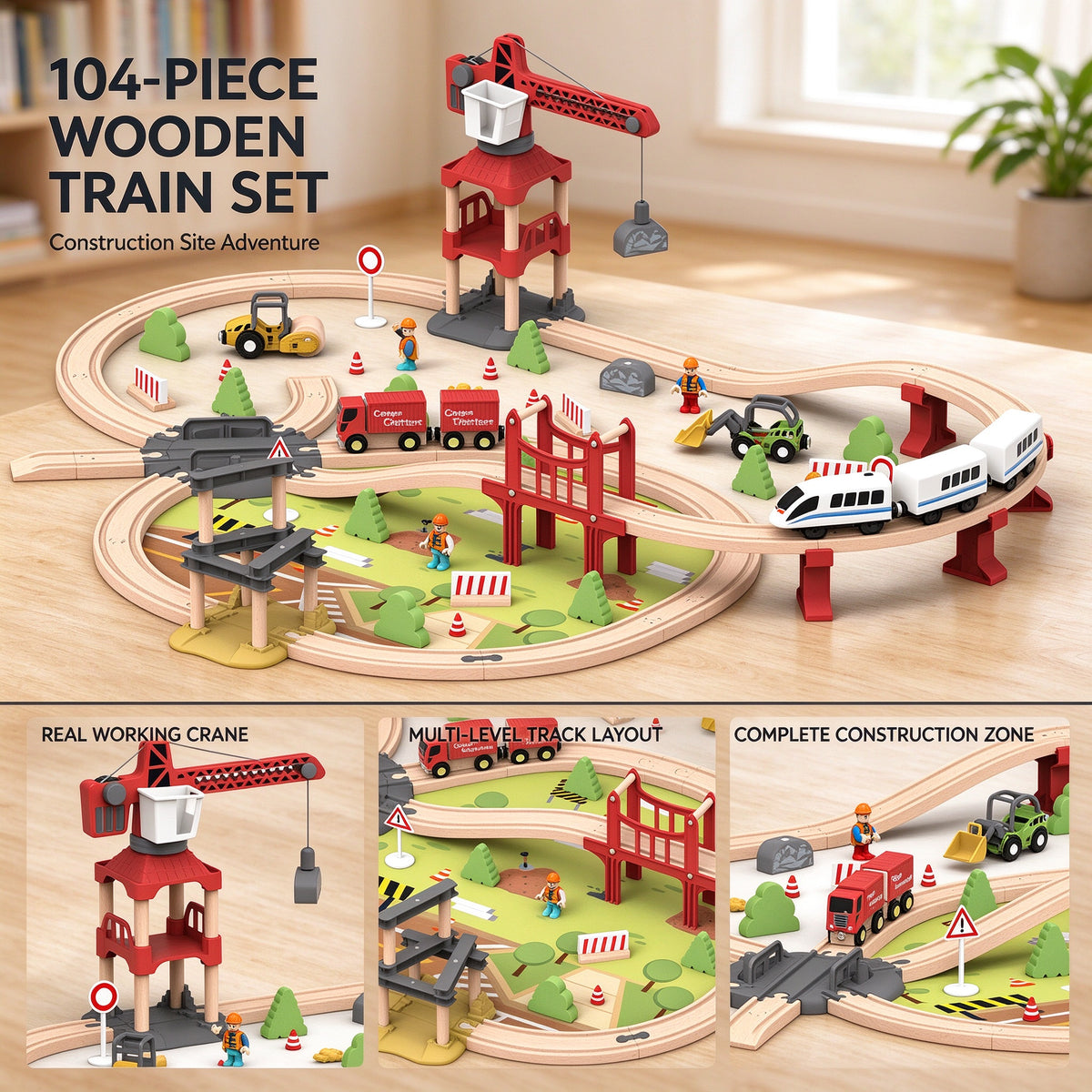 104PCS Kids Wooden Train Set Construction Crane Motorized Track Railway Toy Gift