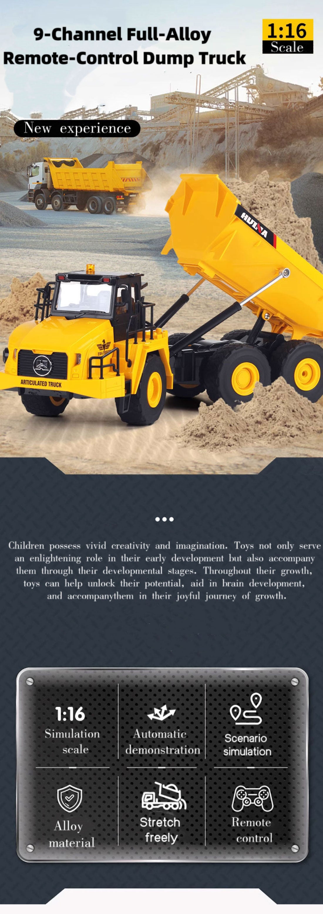 Huina 1553 1:16 2.4Ghz RC Dump Truck RC Construction Toy with LED Lights and Sou
