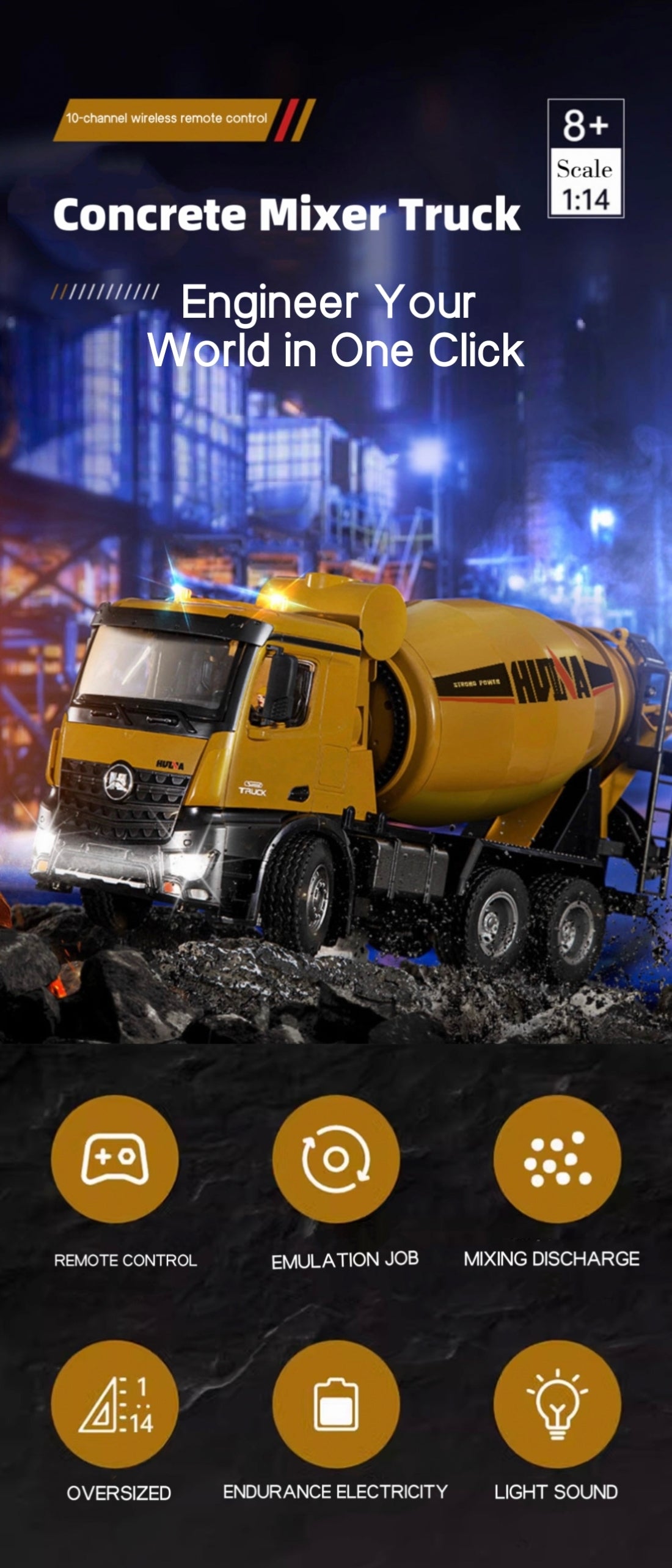 HuiNa Remote Control 10Ch RC Cement Mixer Truck 1:14 Construction Scale Model