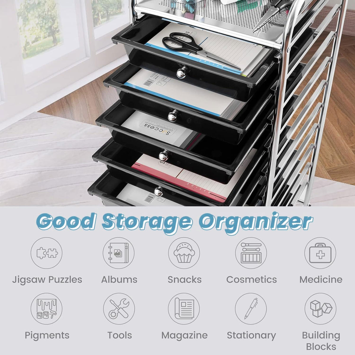 10 Drawers Rolling Storage Cart Paper Organiser Trolley w/ Wheels Home Office - black