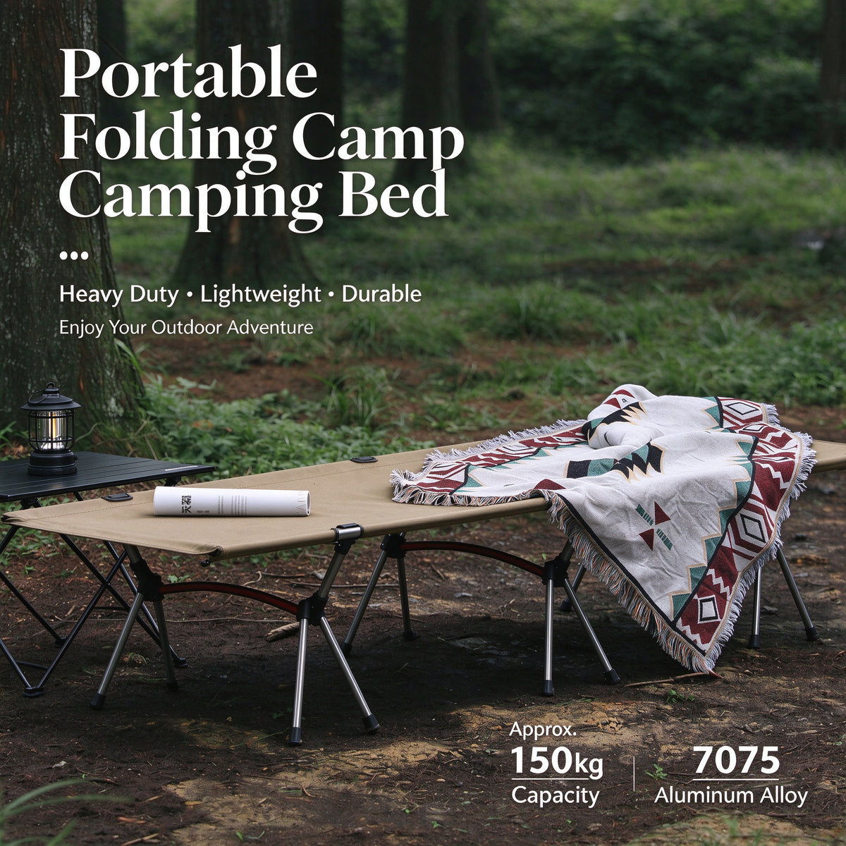 Height Adjustable Foldable Portable Outdoor Folding Camping Bed Stretcher Sleeping Cot Carry Bag Beige