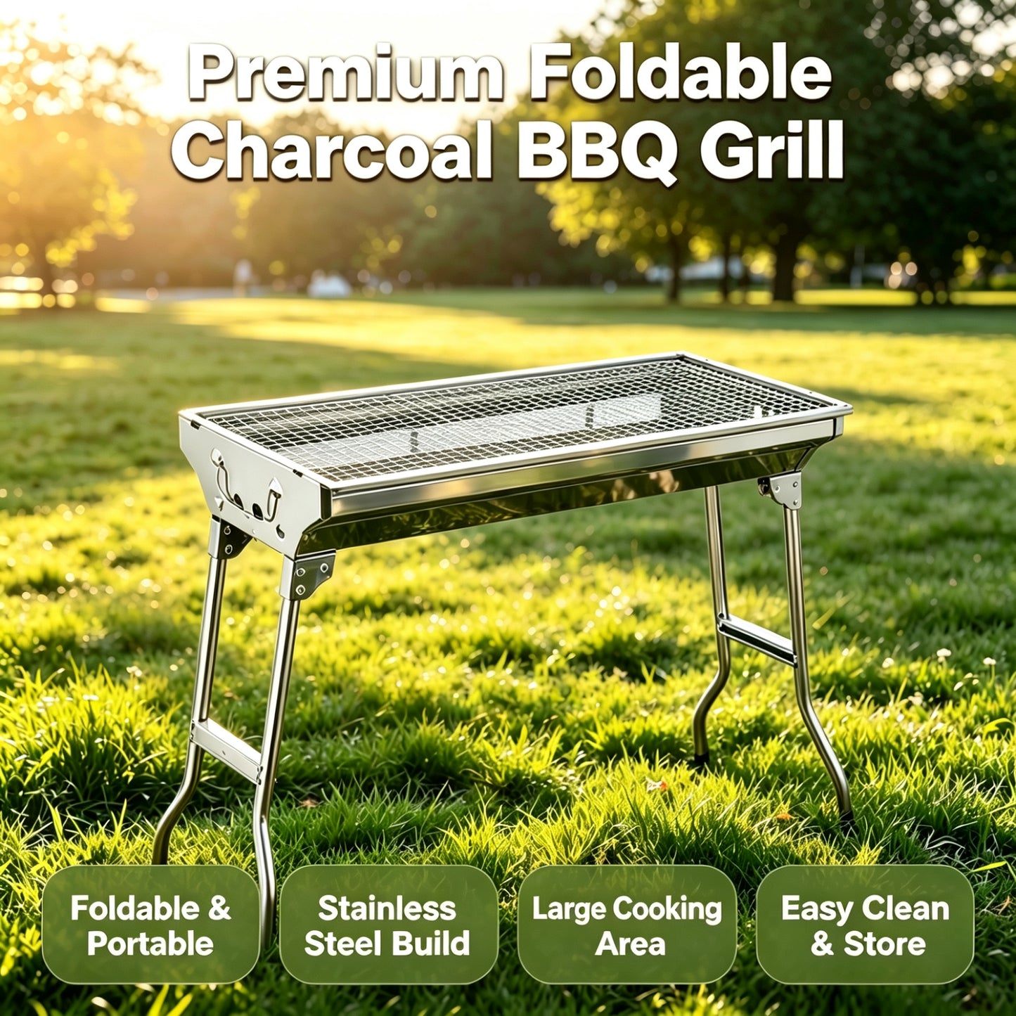 Portable Stainless Steel Charcoal BBQ Grill Foldable Outdoor Camping Barbecue