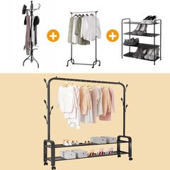 Heavy Duty Portable Clothes Garment Hanging Rack Shoe Storage Shelf Organizer Hanger Dryer - black