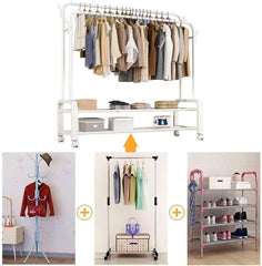 Heavy Duty Portable Double Rail Clothes Garment Hanging Rack Shoe Storage Shelf Organizer Hanger Dryer