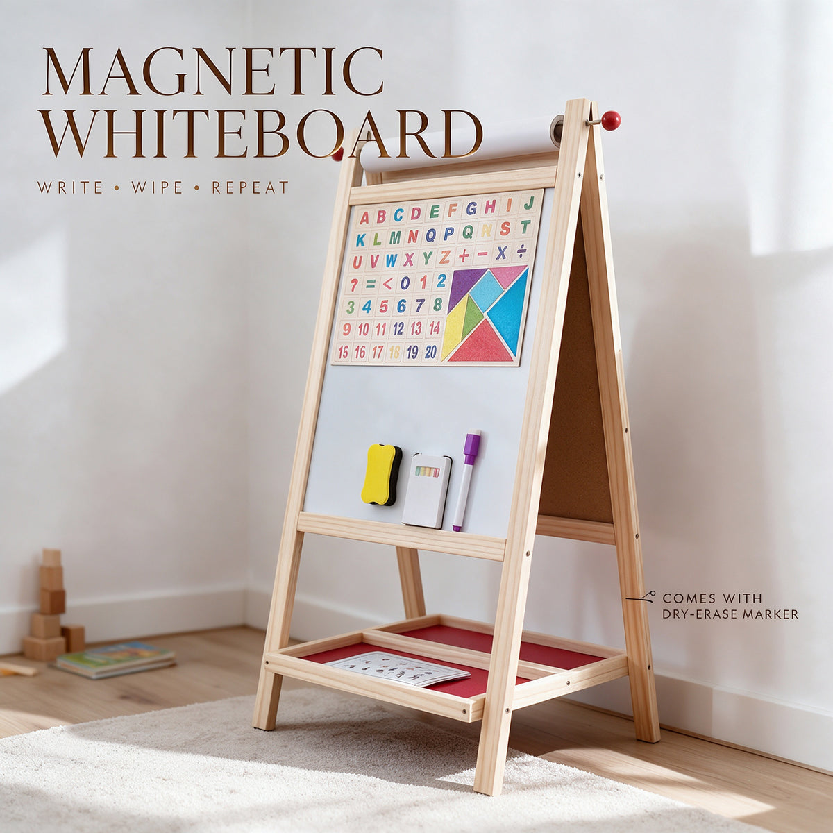 Wooden Kids Double Sided Art Easel Chalkboard Whiteboard Magnetic Drawing Board