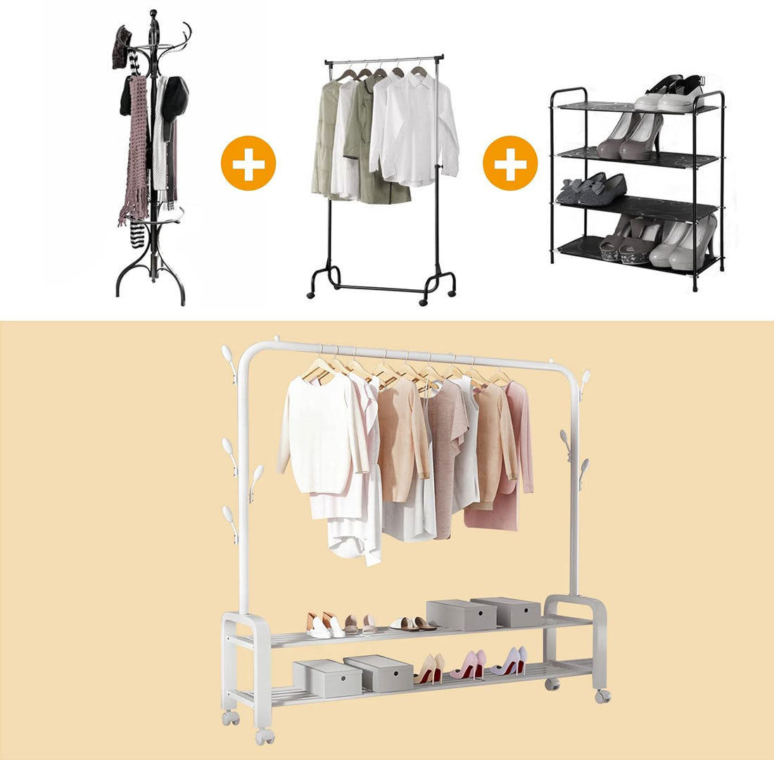 Heavy Duty Portable Clothes Garment Hanging Rack Shoe Storage Shelf Organizer Hanger Dryer - white