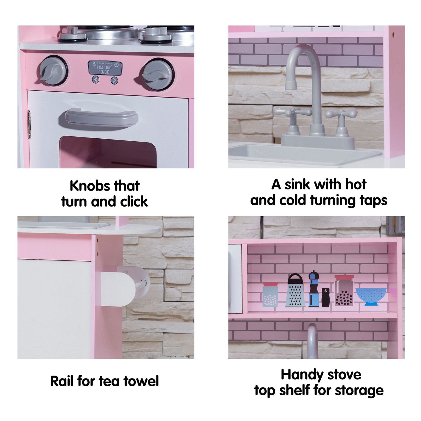 Wooden Kids Kitchen Toys Pretend Play Set Toddler Children Cooking Home Cookware - pink