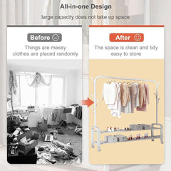 Heavy Duty Portable Clothes Garment Hanging Rack Shoe Storage Shelf Organizer Hanger Dryer - white