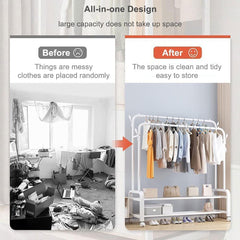 Heavy Duty Portable Double Rail Clothes Garment Hanging Rack Shoe Storage Shelf Organizer Hanger Dryer - white