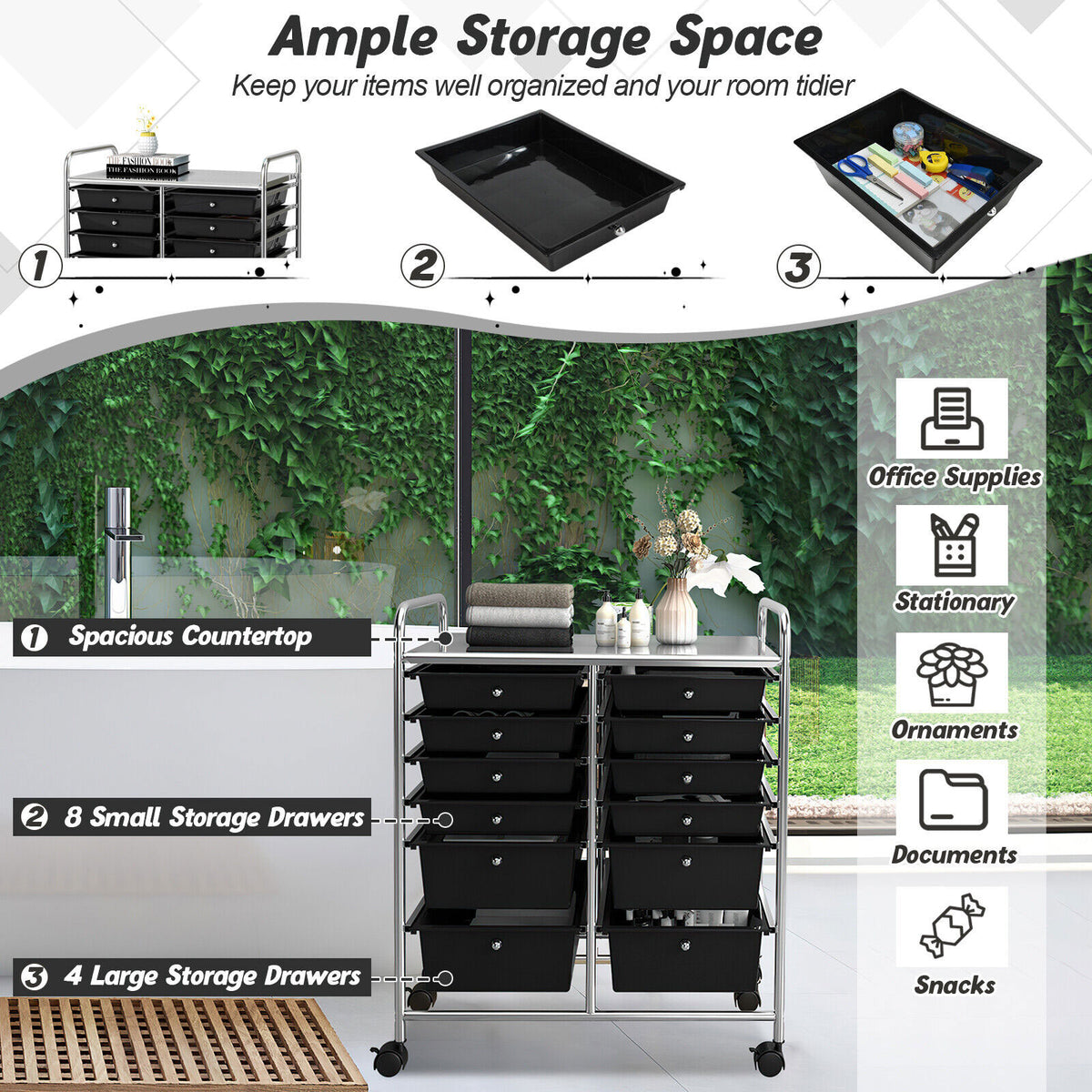 12 Drawers Rolling Storage Cart Paper Organiser Trolley w/ Wheels Home Office