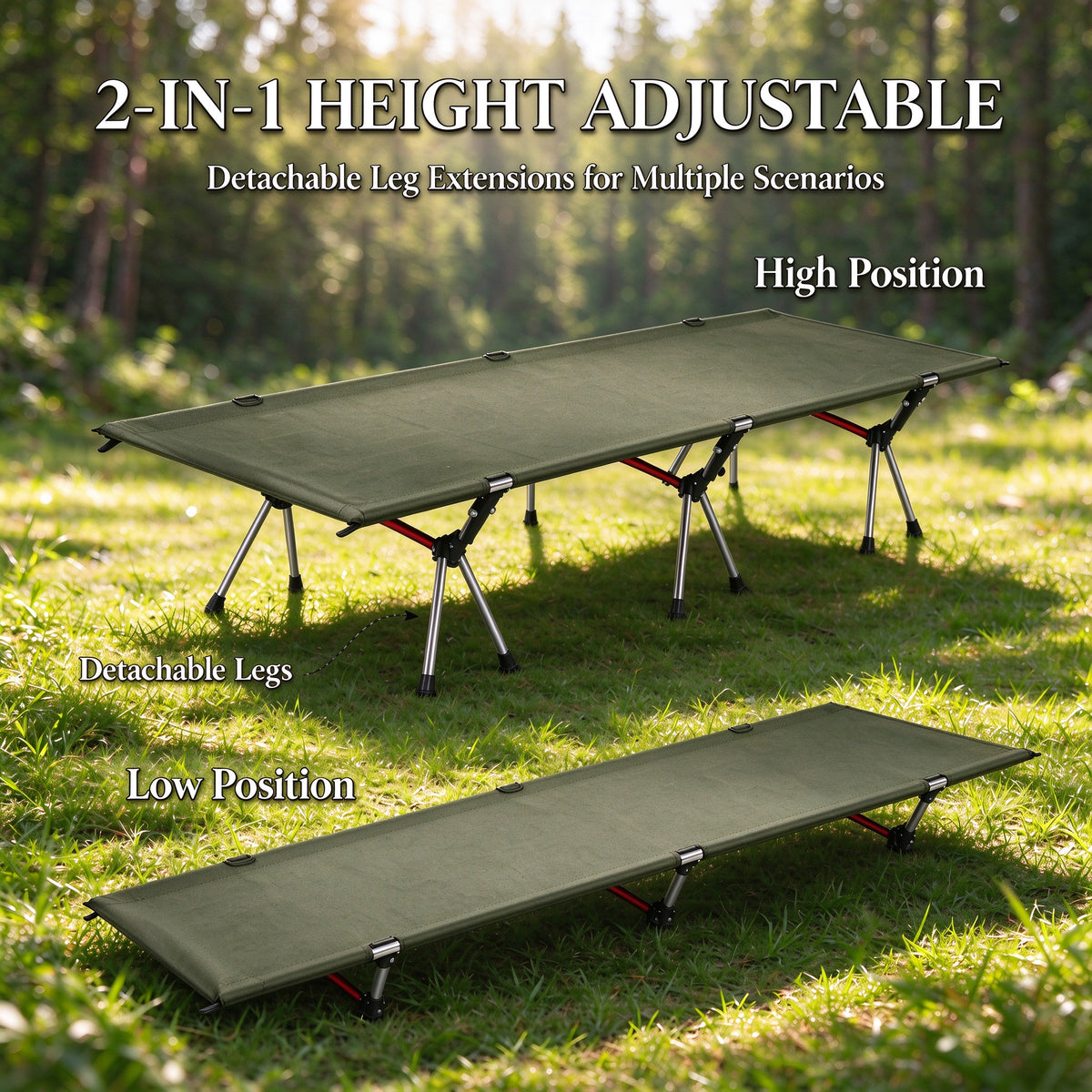 Height Adjustable Foldable Portable Outdoor Folding Camping Bed Stretcher Sleeping Cot Carry Bag Green