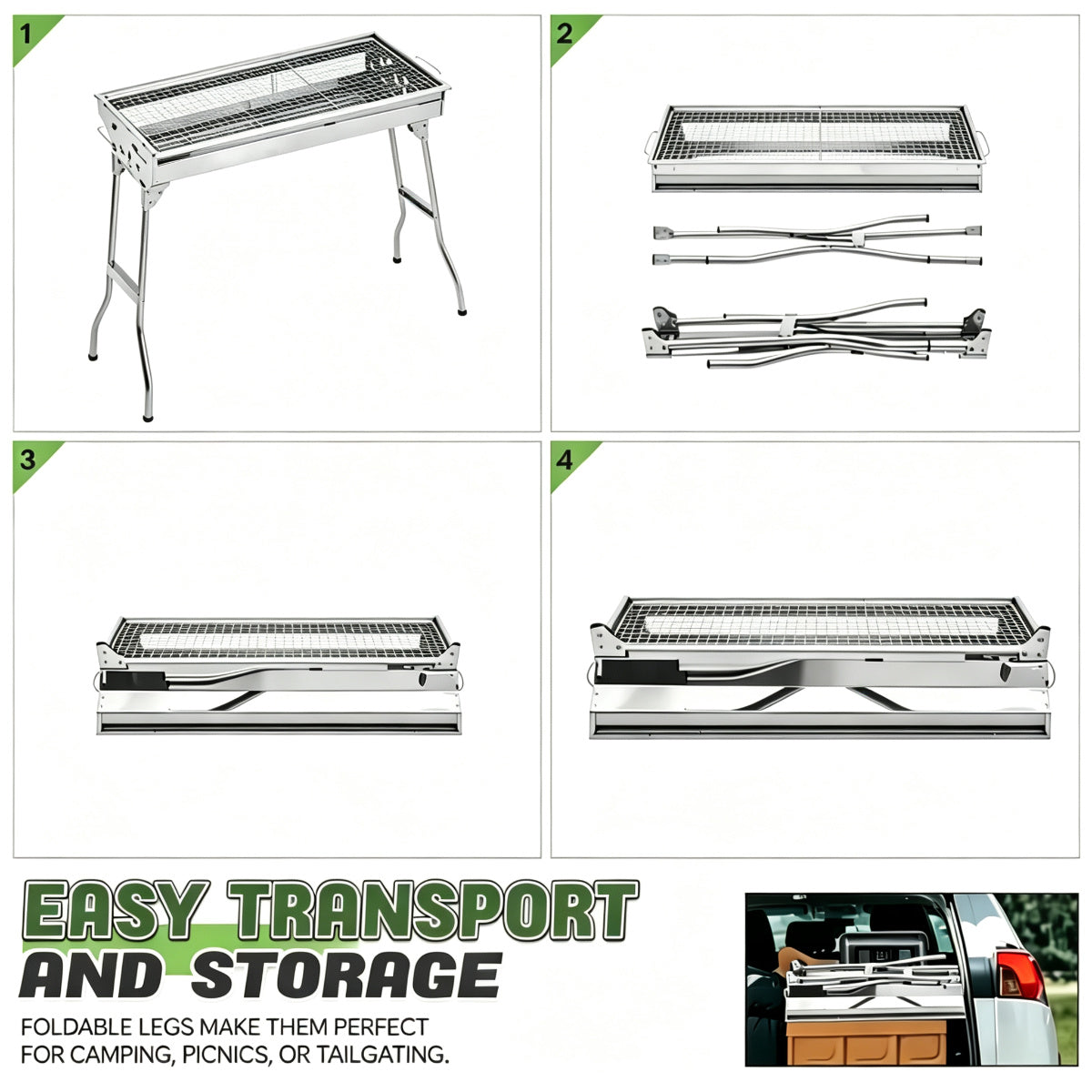 Portable Stainless Steel Charcoal BBQ Grill Foldable Outdoor Camping Barbecue