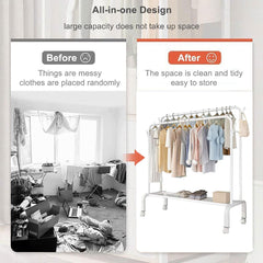 Heavy Duty Portable Double Rail Clothes Garment Hanging Rack Shoe Storage Shelf Organizer Hanger Dryer - white