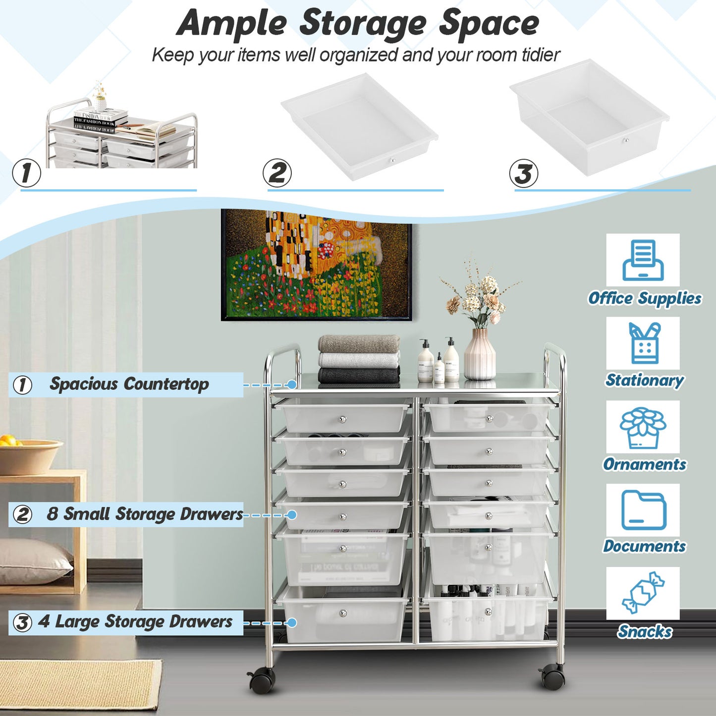 12 Drawers Rolling Storage Cart Paper Organiser Trolley w/ Wheels Home Office
