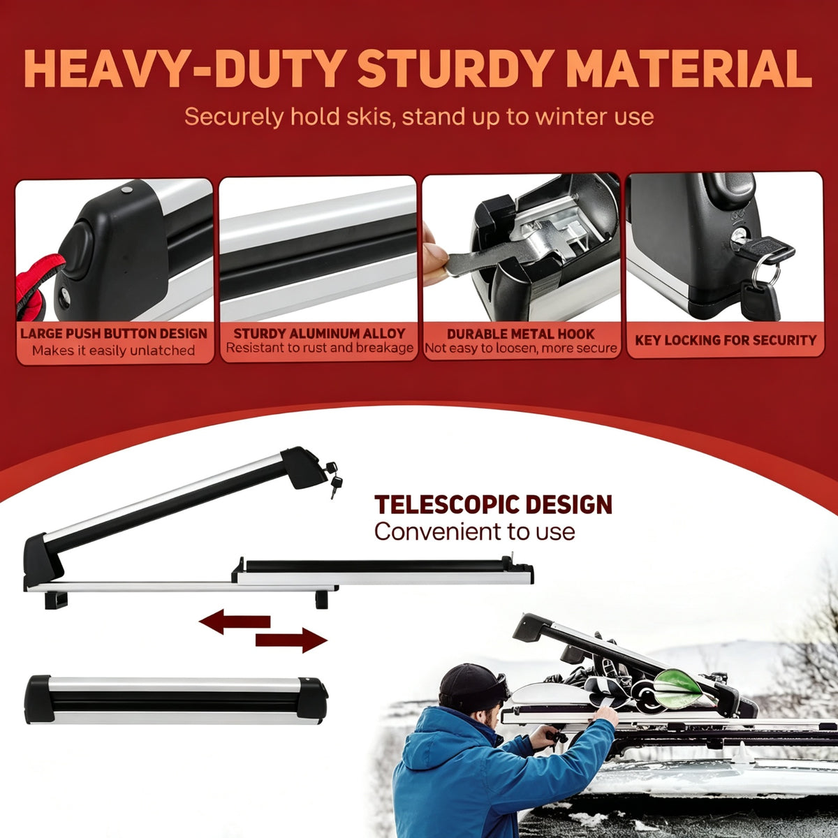 Extendable Universal Aluminium Ski Snowboard Fishing Rod Car Roof Rack Carrier Cross Bars