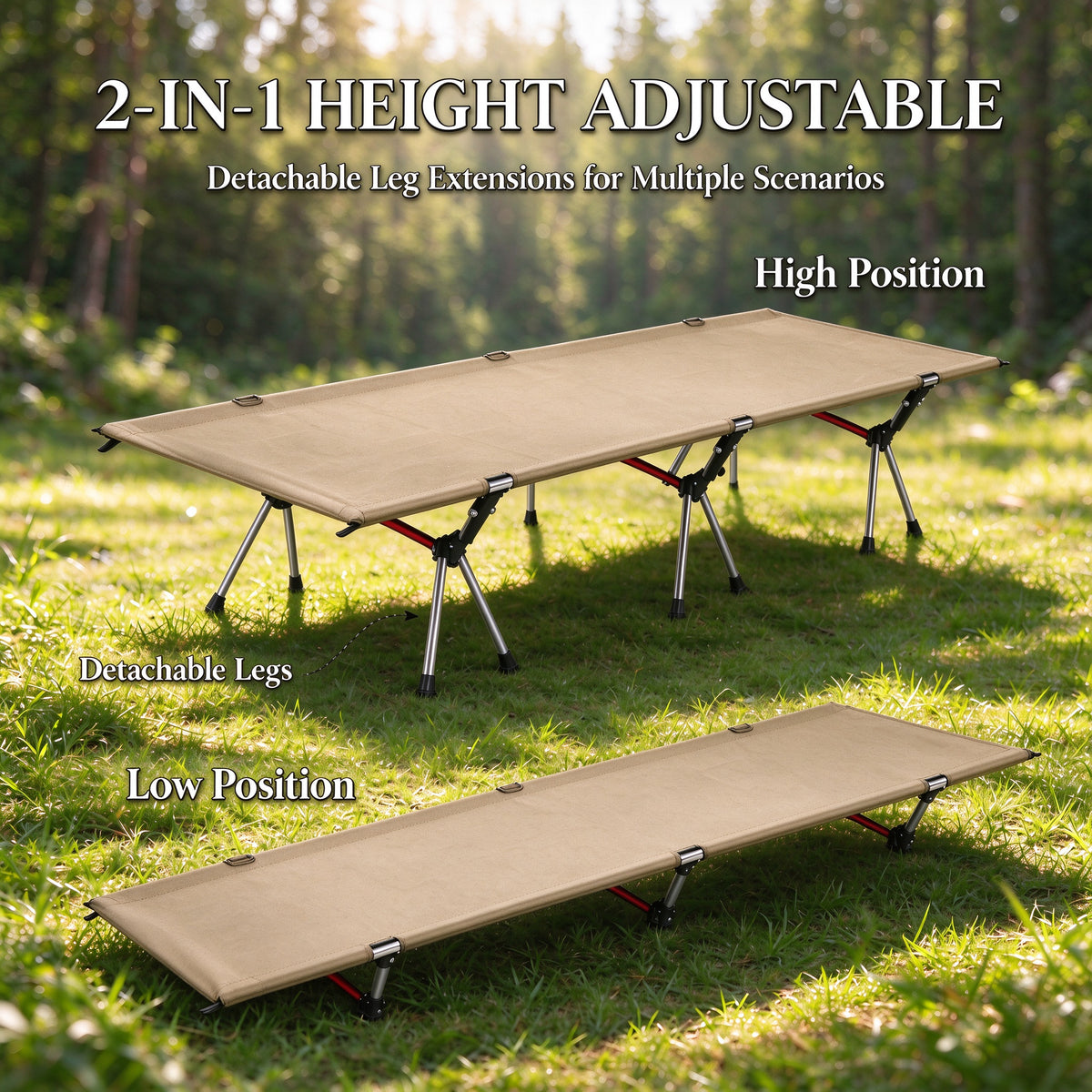 Height Adjustable Foldable Portable Outdoor Folding Camping Bed Stretcher Sleeping Cot Carry Bag Beige