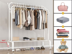 Heavy Duty Portable Double Rail Clothes Garment Hanging Rack Shoe Storage Shelf Organizer Hanger Dryer - white