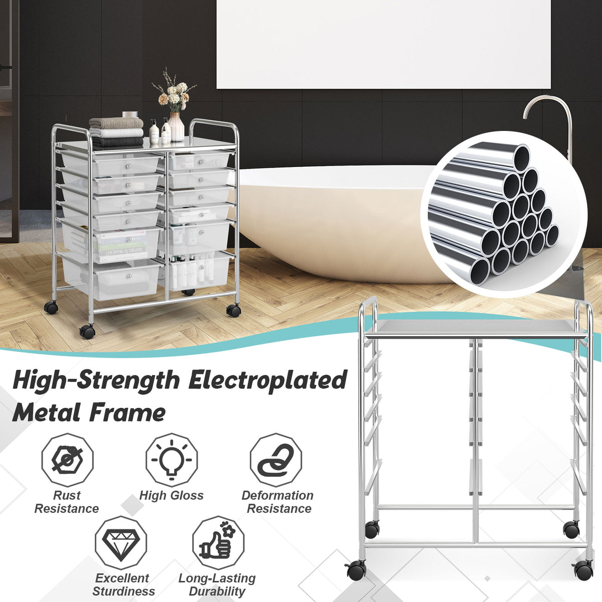 12 Drawers Rolling Storage Cart Paper Organiser Trolley w/ Wheels Home Office