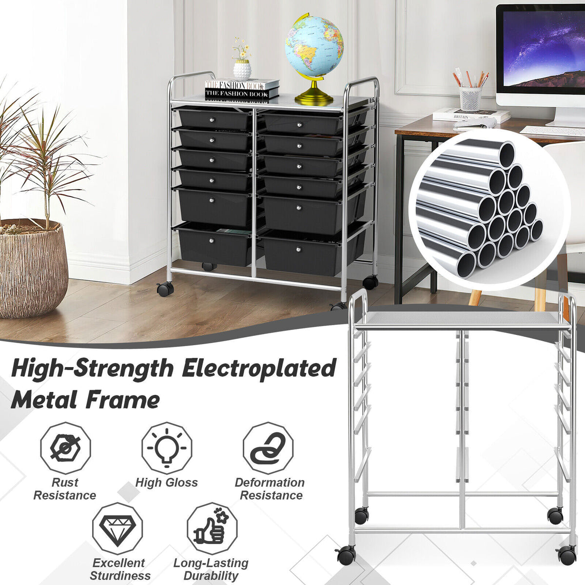 12 Drawers Rolling Storage Cart Paper Organiser Trolley w/ Wheels Home Office