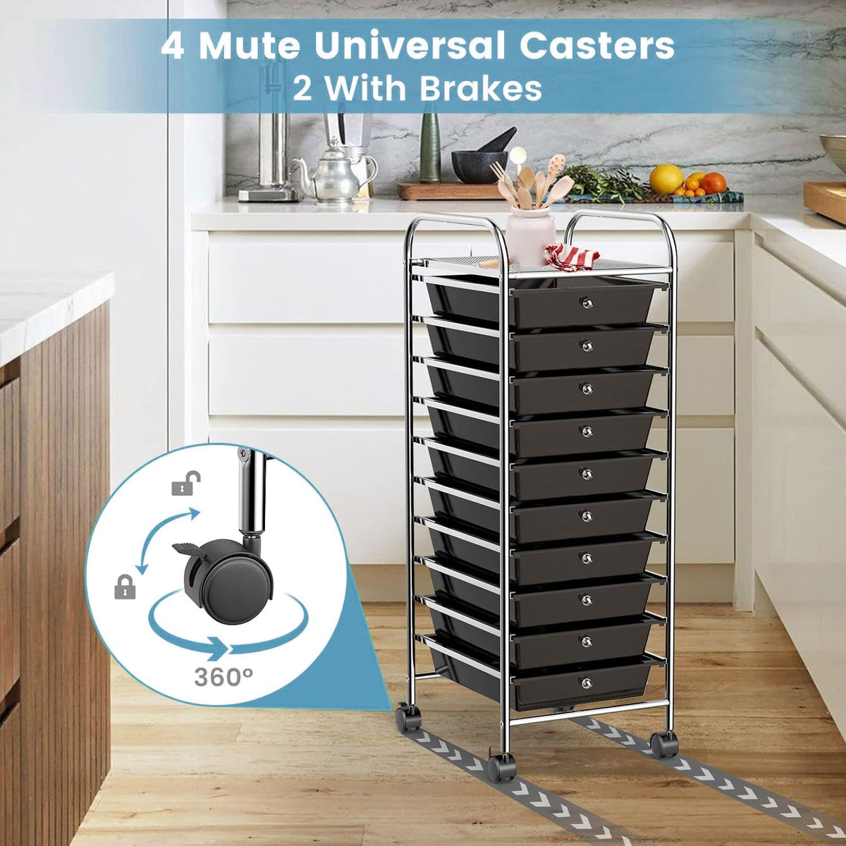 10 Drawers Rolling Storage Cart Paper Organiser Trolley w/ Wheels Home Office - black