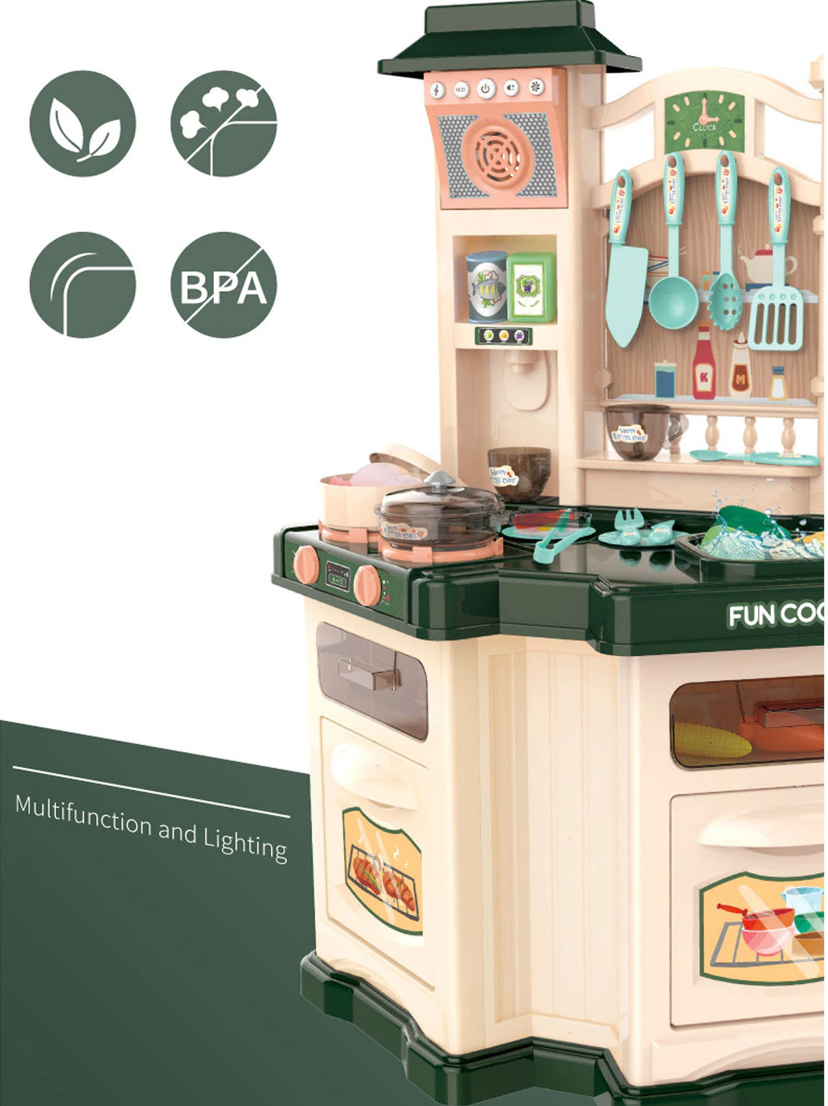 Kids Pretend Role Play Toy Kitchen Cooking Children Toddler Food Cookware Set M - Green