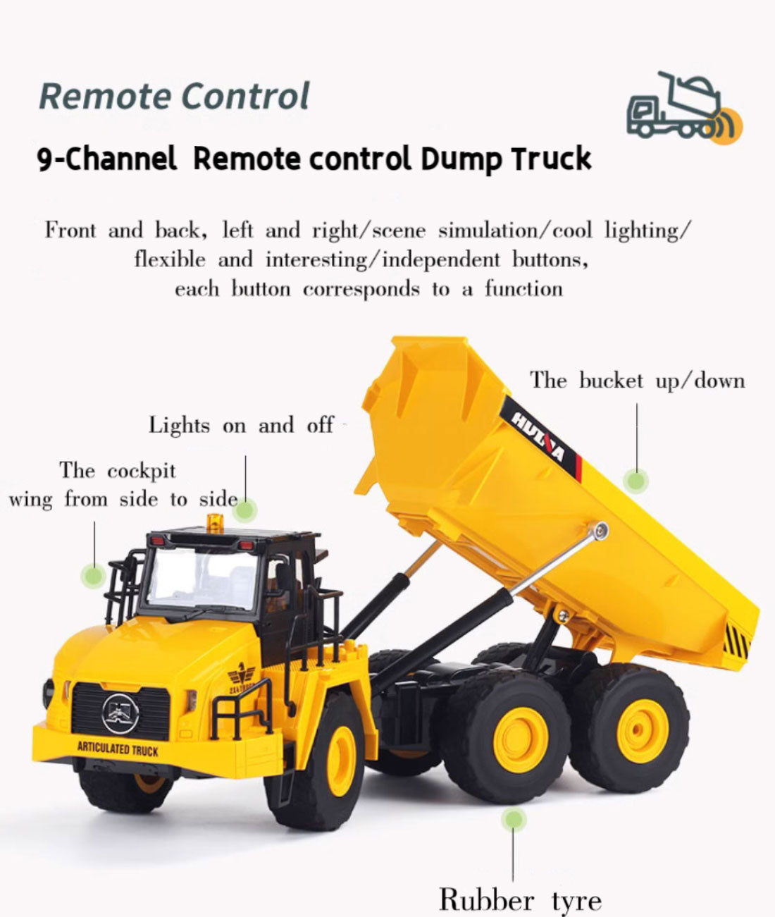 Huina 1553 1:16 2.4Ghz RC Dump Truck RC Construction Toy with LED Lights and Sou
