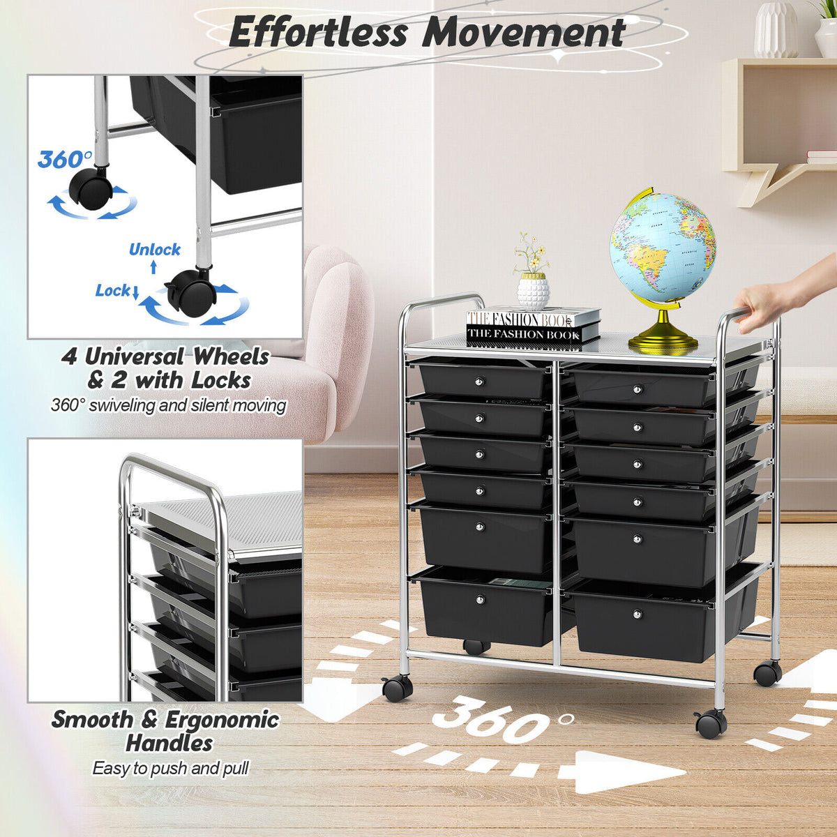 12 Drawers Rolling Storage Cart Paper Organiser Trolley w/ Wheels Home Office