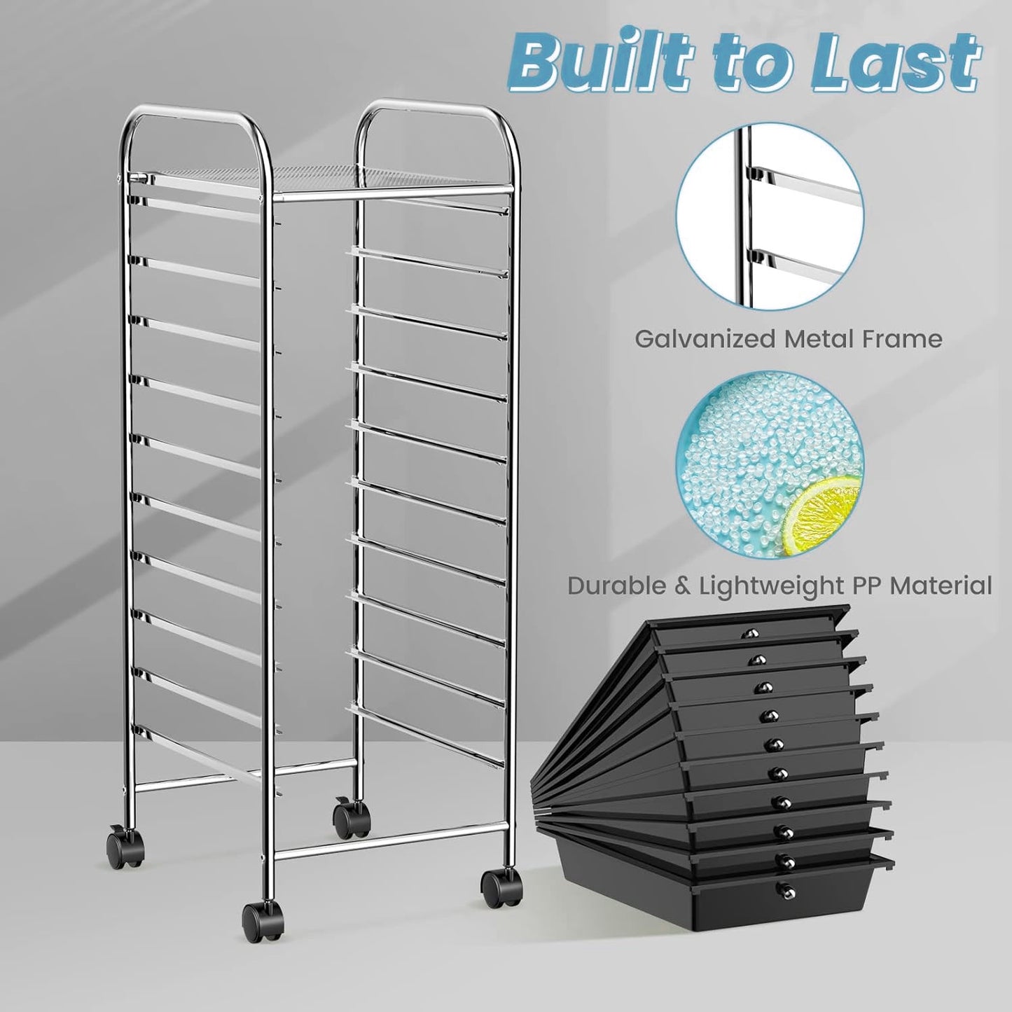 10 Drawers Rolling Storage Cart Paper Organiser Trolley w/ Wheels Home Office - black
