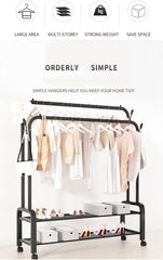 Heavy Duty Portable Double Rail Clothes Garment Hanging Rack Shoe Storage Shelf Organizer Hanger Dryer