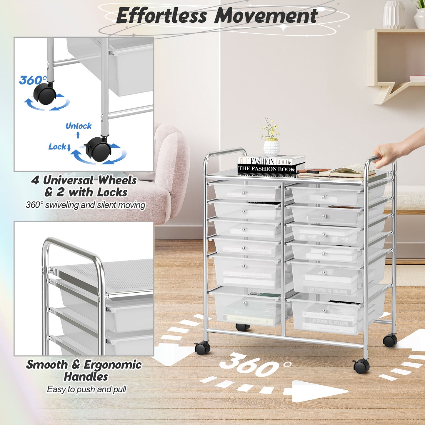 12 Drawers Rolling Storage Cart Paper Organiser Trolley w/ Wheels Home Office