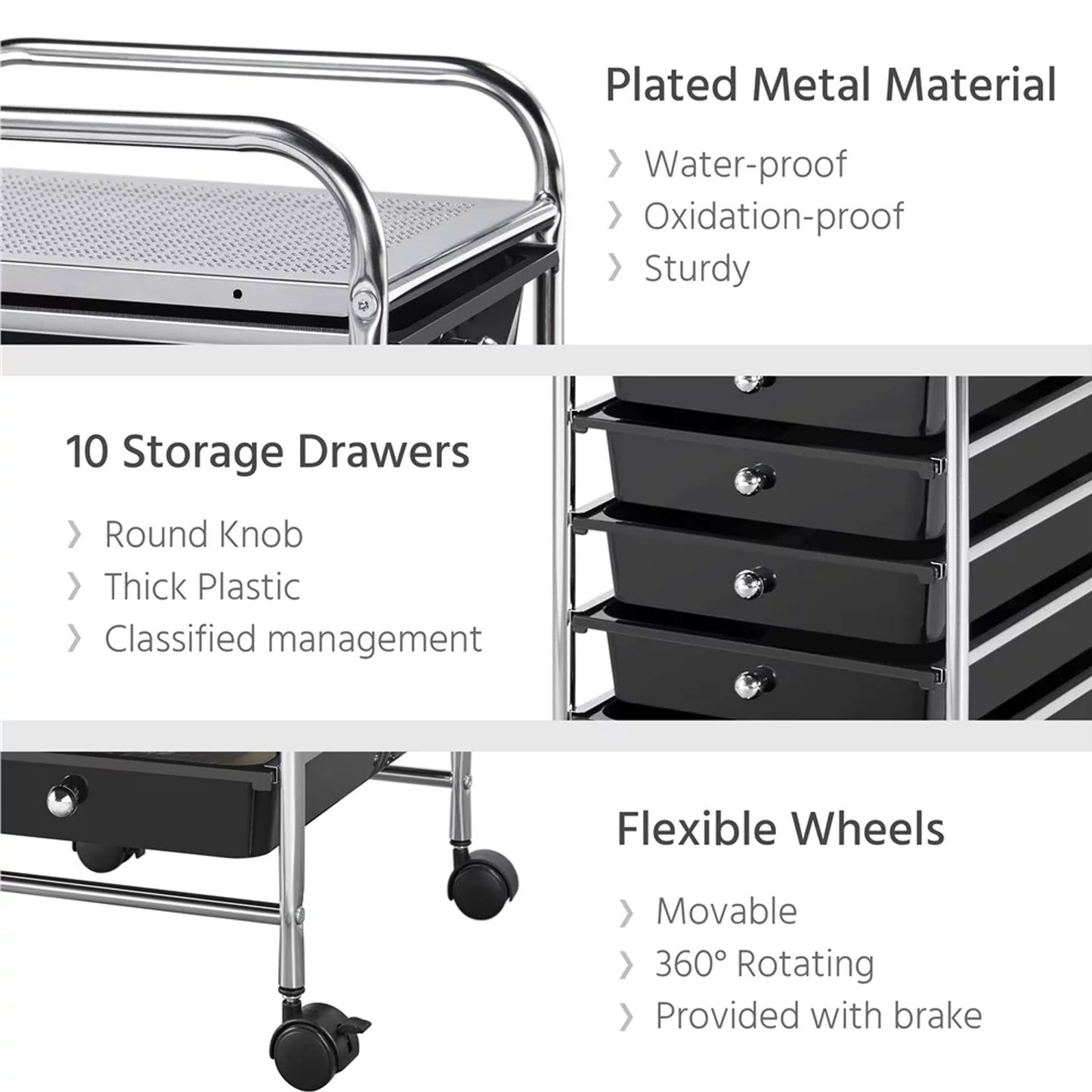 10 Drawers Rolling Storage Cart Paper Organiser Trolley w/ Wheels Home Office - black