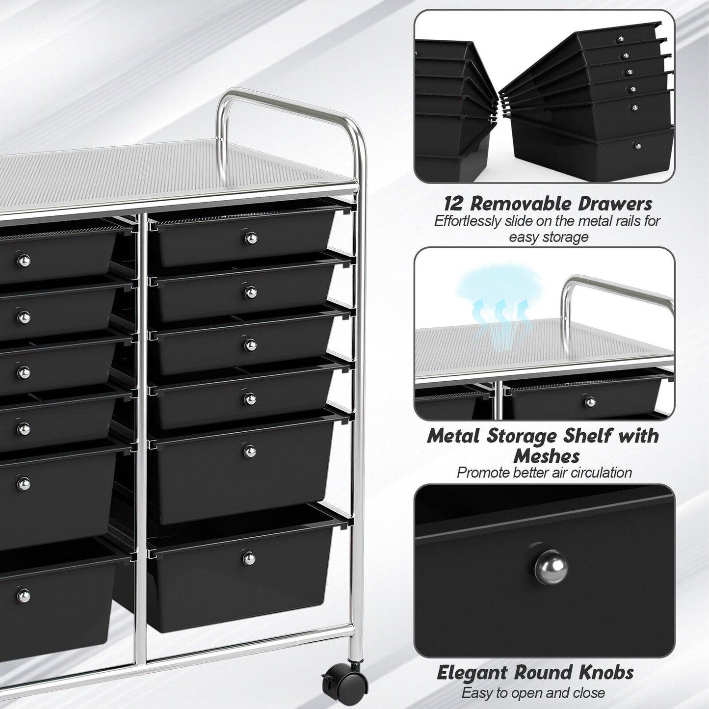12 Drawers Rolling Storage Cart Paper Organiser Trolley w/ Wheels Home Office