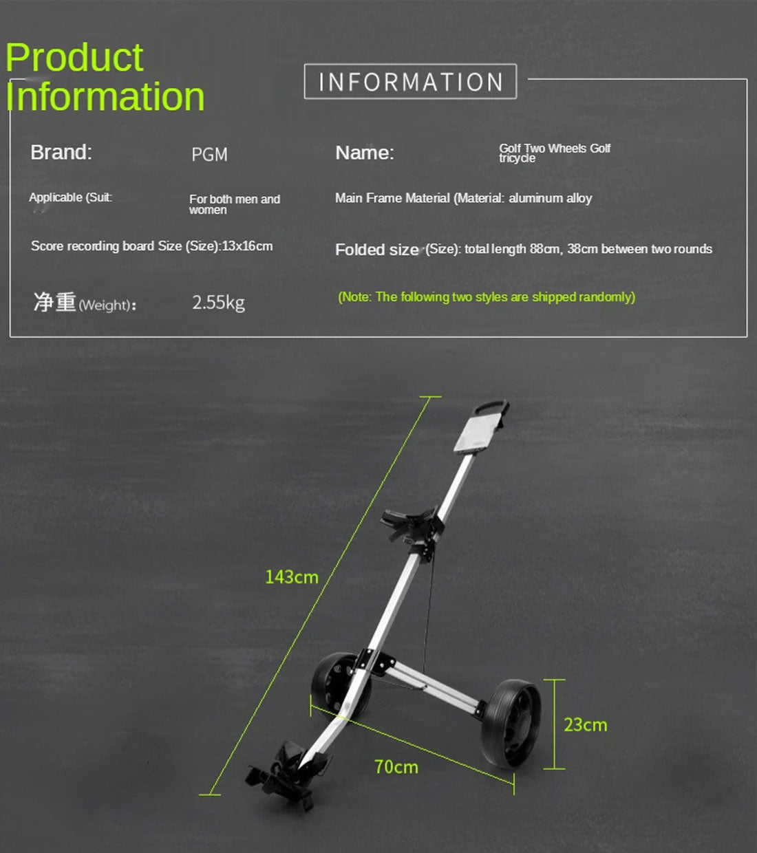 2 Wheels Foldable Aluminum Golf Club Buggy Trolley Cart Push Pull Footbrake Accessories