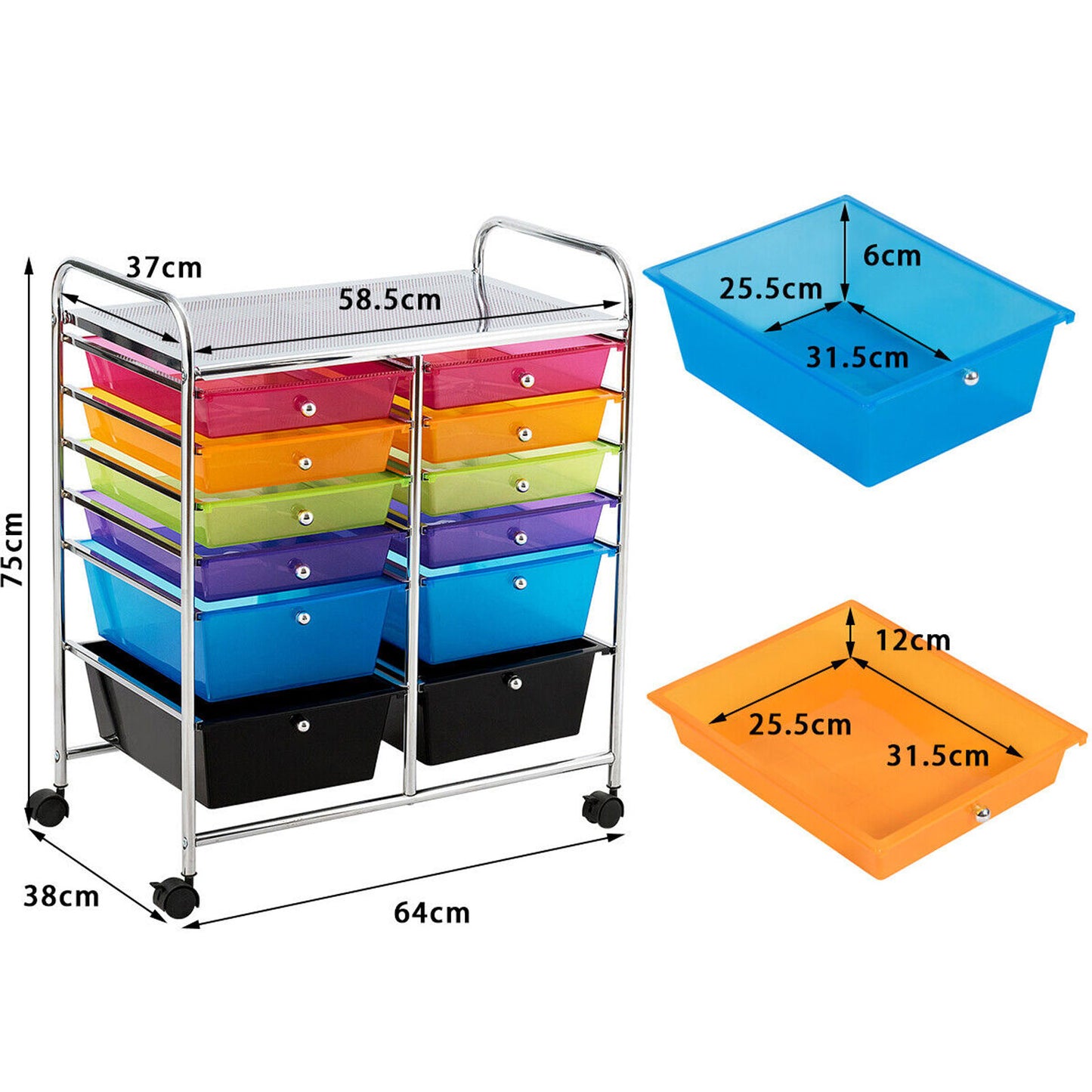 12 Drawers Rolling Storage Cart Paper Organiser Trolley w/ Wheels Home Office
