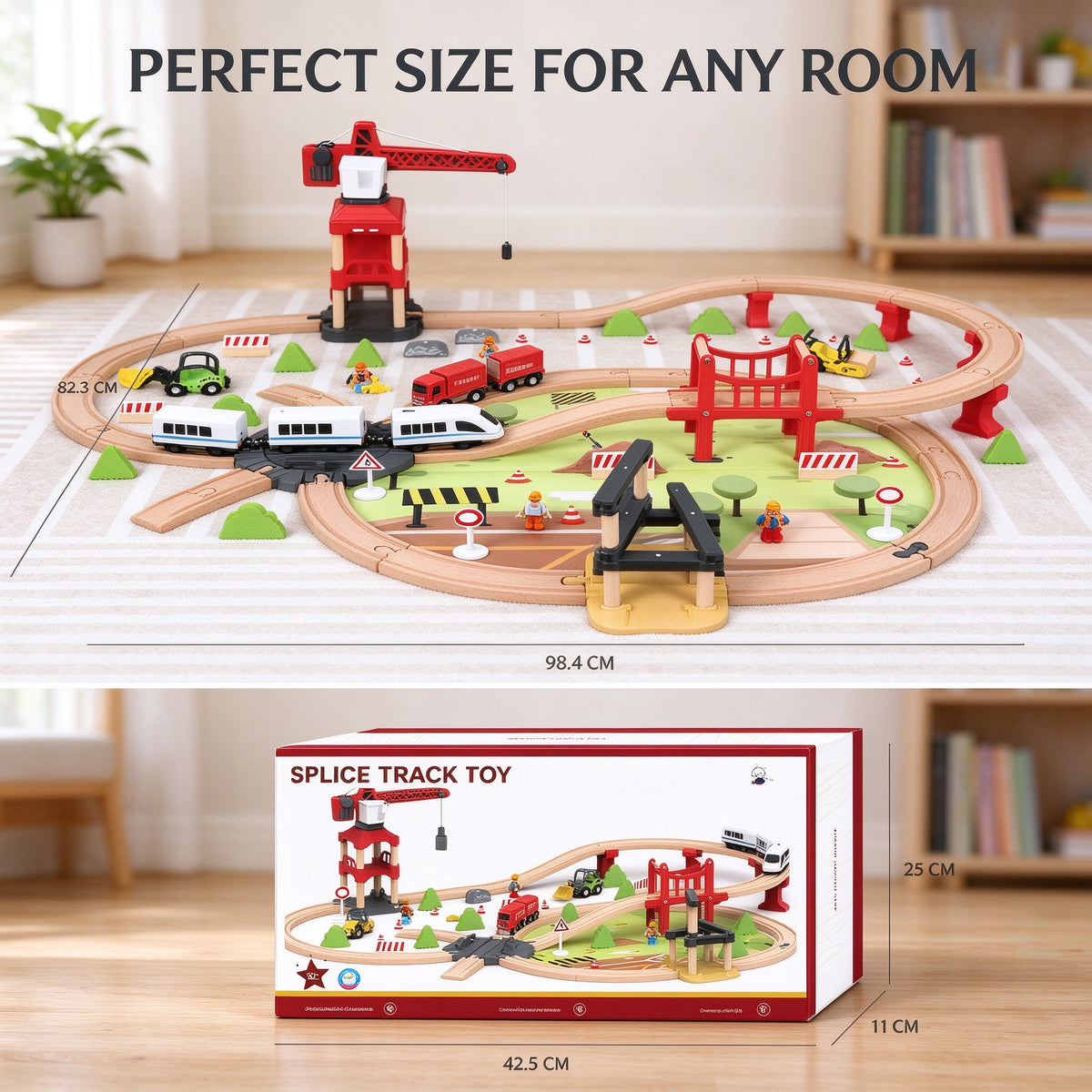 104PCS Kids Wooden Train Set Construction Crane Motorized Track Railway Toy Gift