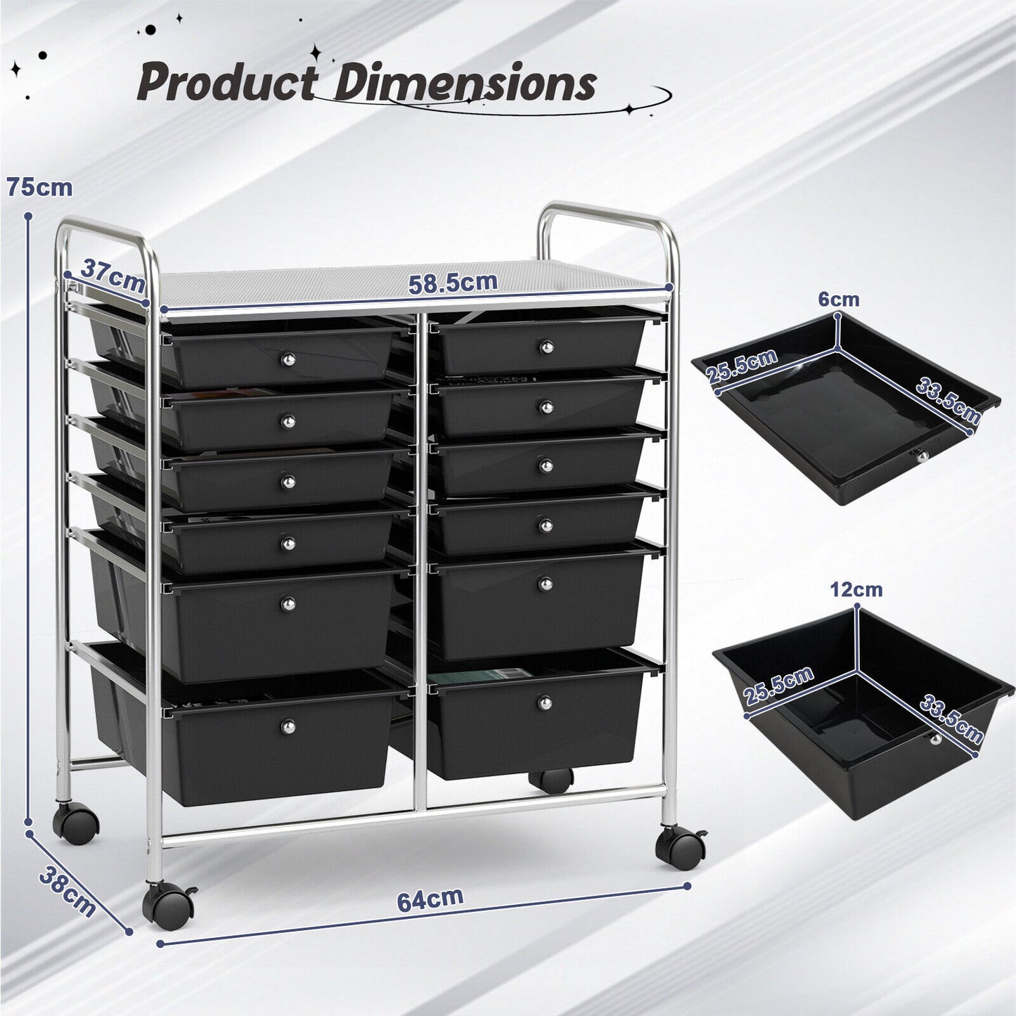 12 Drawers Rolling Storage Cart Paper Organiser Trolley w/ Wheels Home Office