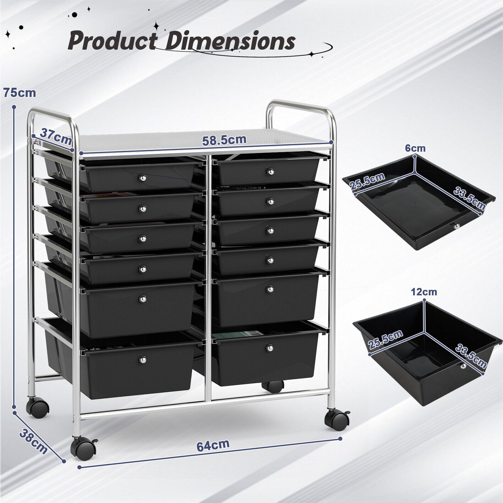 12 Drawers Rolling Storage Cart Paper Organiser Trolley w/ Wheels Home Office