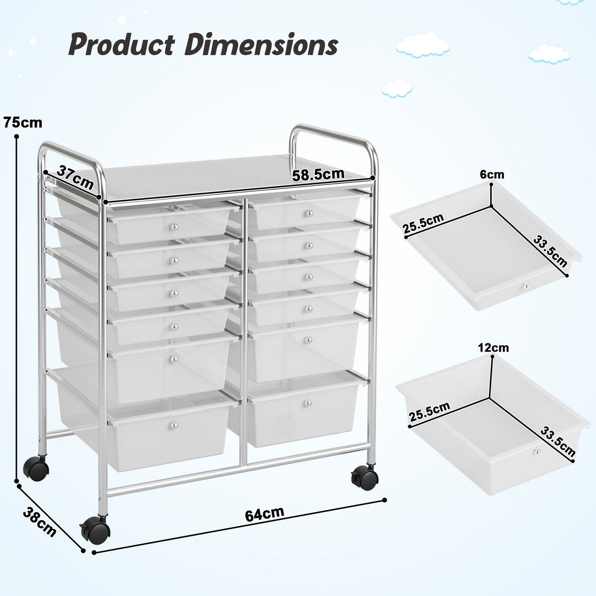 12 Drawers Rolling Storage Cart Paper Organiser Trolley w/ Wheels Home Office